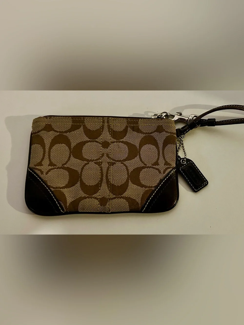 Coach Signature Logo Small Brown Zip Wristlet